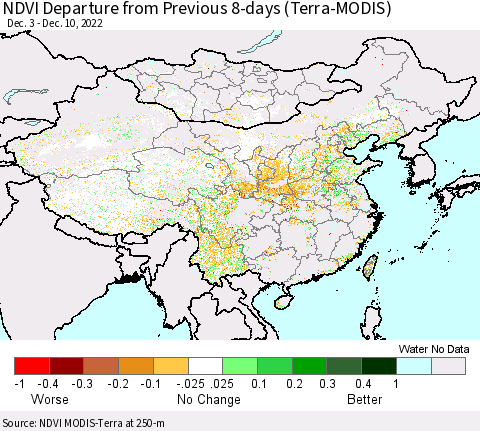 China, Mongolia and Taiwan NDVI Departure from Previous 8-days (Terra-MODIS) Thematic Map For 12/3/2022 - 12/10/2022