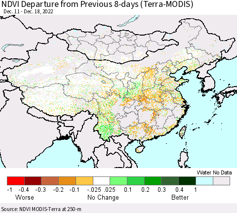 China, Mongolia and Taiwan NDVI Departure from Previous 8-days (Terra-MODIS) Thematic Map For 12/11/2022 - 12/18/2022