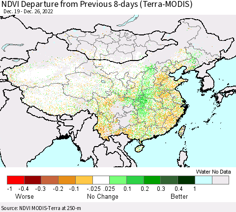 China, Mongolia and Taiwan NDVI Departure from Previous 8-days (Terra-MODIS) Thematic Map For 12/19/2022 - 12/26/2022