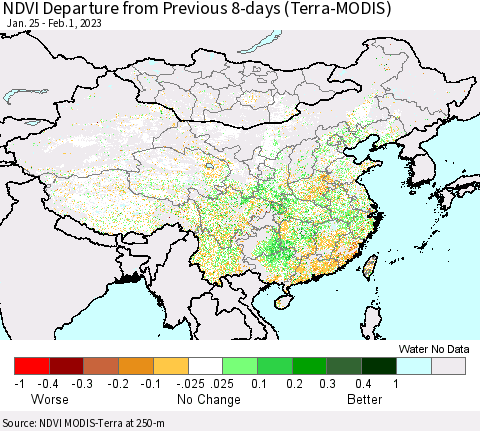 China, Mongolia and Taiwan NDVI Departure from Previous 8-days (Terra-MODIS) Thematic Map For 1/25/2023 - 2/1/2023