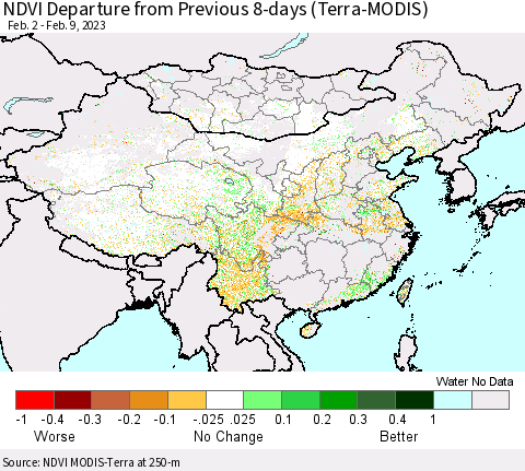 China, Mongolia and Taiwan NDVI Departure from Previous 8-days (Terra-MODIS) Thematic Map For 2/2/2023 - 2/9/2023