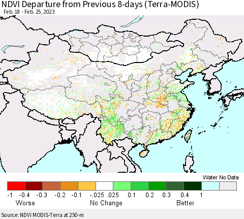 China, Mongolia and Taiwan NDVI Departure from Previous 8-days (Terra-MODIS) Thematic Map For 2/18/2023 - 2/25/2023