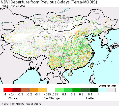 China, Mongolia and Taiwan NDVI Departure from Previous 8-days (Terra-MODIS) Thematic Map For 3/6/2023 - 3/13/2023