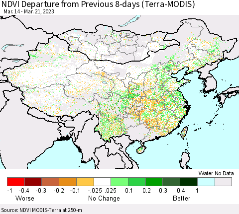 China, Mongolia and Taiwan NDVI Departure from Previous 8-days (Terra-MODIS) Thematic Map For 3/14/2023 - 3/21/2023
