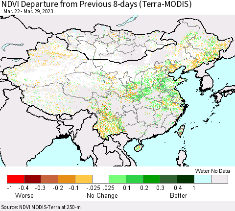 China, Mongolia and Taiwan NDVI Departure from Previous 8-days (Terra-MODIS) Thematic Map For 3/22/2023 - 3/29/2023