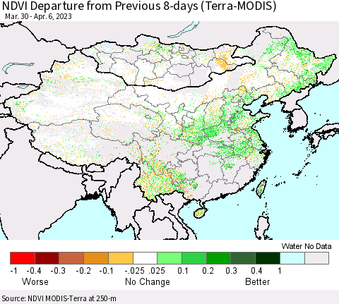 China, Mongolia and Taiwan NDVI Departure from Previous 8-days (Terra-MODIS) Thematic Map For 3/30/2023 - 4/6/2023