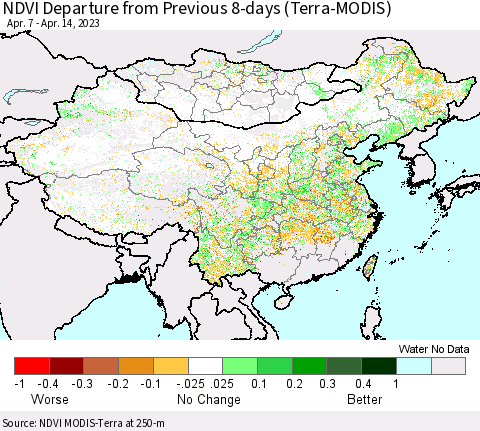 China, Mongolia and Taiwan NDVI Departure from Previous 8-days (Terra-MODIS) Thematic Map For 4/7/2023 - 4/14/2023