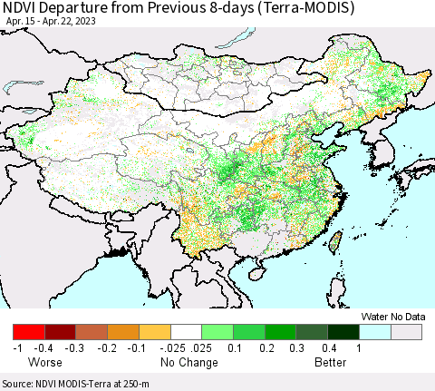China, Mongolia and Taiwan NDVI Departure from Previous 8-days (Terra-MODIS) Thematic Map For 4/15/2023 - 4/22/2023
