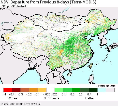China, Mongolia and Taiwan NDVI Departure from Previous 8-days (Terra-MODIS) Thematic Map For 4/23/2023 - 4/30/2023