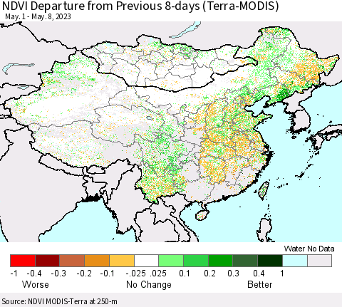 China, Mongolia and Taiwan NDVI Departure from Previous 8-days (Terra-MODIS) Thematic Map For 5/1/2023 - 5/8/2023