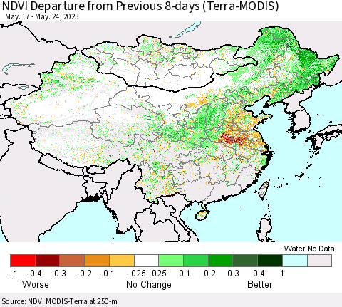 China, Mongolia and Taiwan NDVI Departure from Previous 8-days (Terra-MODIS) Thematic Map For 5/17/2023 - 5/24/2023