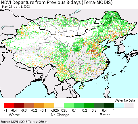 China, Mongolia and Taiwan NDVI Departure from Previous 8-days (Terra-MODIS) Thematic Map For 5/25/2023 - 6/1/2023