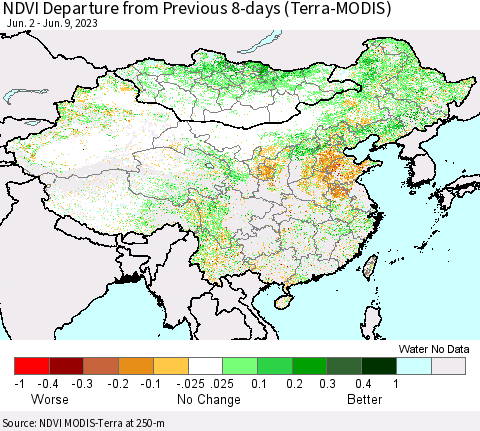 China, Mongolia and Taiwan NDVI Departure from Previous 8-days (Terra-MODIS) Thematic Map For 6/2/2023 - 6/9/2023