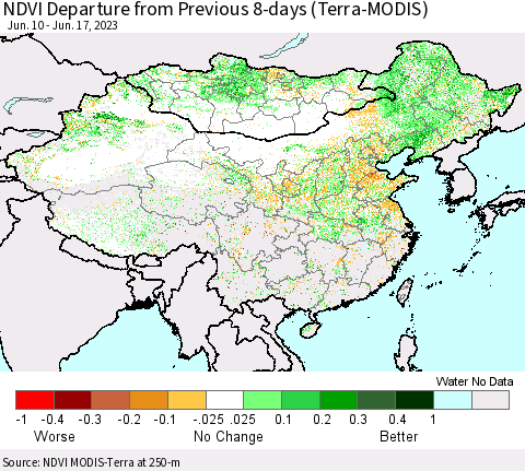 China, Mongolia and Taiwan NDVI Departure from Previous 8-days (Terra-MODIS) Thematic Map For 6/10/2023 - 6/17/2023