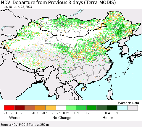 China, Mongolia and Taiwan NDVI Departure from Previous 8-days (Terra-MODIS) Thematic Map For 6/18/2023 - 6/25/2023