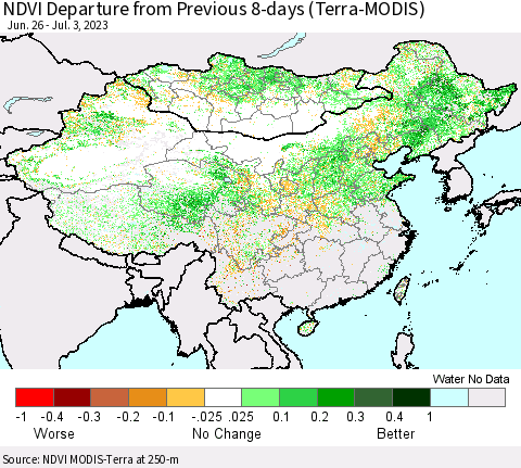 China, Mongolia and Taiwan NDVI Departure from Previous 8-days (Terra-MODIS) Thematic Map For 6/26/2023 - 7/3/2023