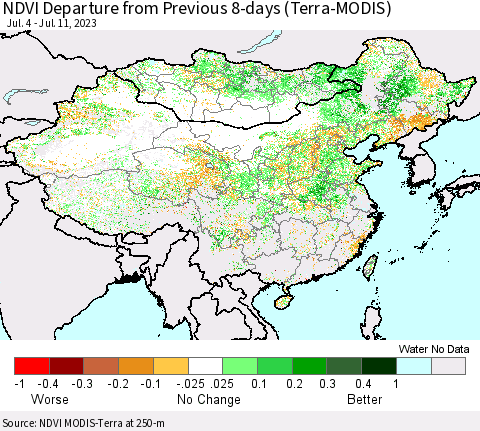 China, Mongolia and Taiwan NDVI Departure from Previous 8-days (Terra-MODIS) Thematic Map For 7/4/2023 - 7/11/2023
