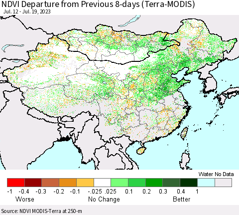 China, Mongolia and Taiwan NDVI Departure from Previous 8-days (Terra-MODIS) Thematic Map For 7/12/2023 - 7/19/2023