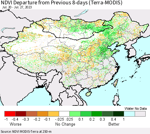China, Mongolia and Taiwan NDVI Departure from Previous 8-days (Terra-MODIS) Thematic Map For 7/20/2023 - 7/27/2023
