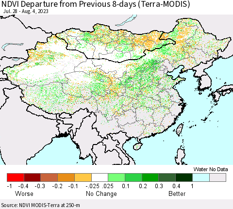 China, Mongolia and Taiwan NDVI Departure from Previous 8-days (Terra-MODIS) Thematic Map For 7/28/2023 - 8/4/2023