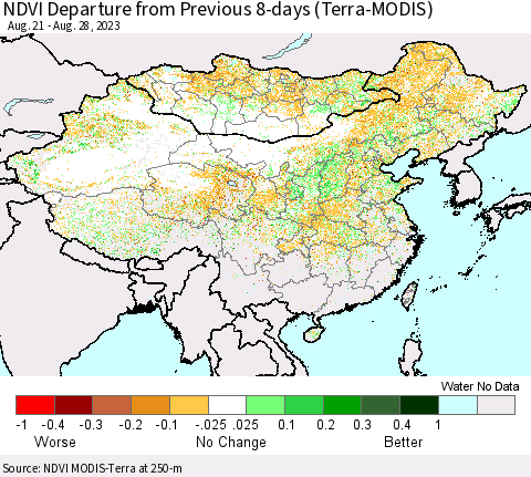 China, Mongolia and Taiwan NDVI Departure from Previous 8-days (Terra-MODIS) Thematic Map For 8/21/2023 - 8/28/2023