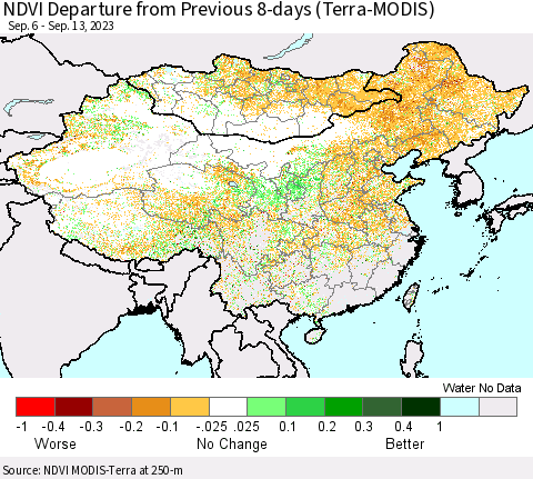 China, Mongolia and Taiwan NDVI Departure from Previous 8-days (Terra-MODIS) Thematic Map For 9/6/2023 - 9/13/2023