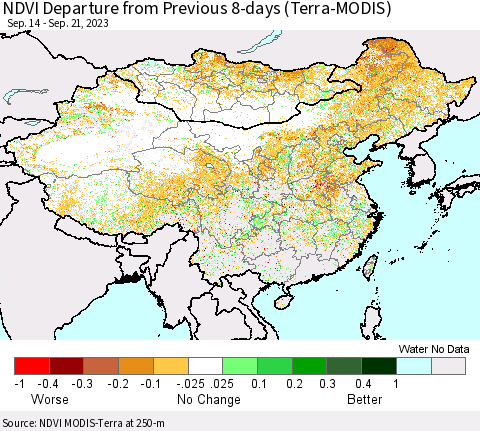 China, Mongolia and Taiwan NDVI Departure from Previous 8-days (Terra-MODIS) Thematic Map For 9/14/2023 - 9/21/2023