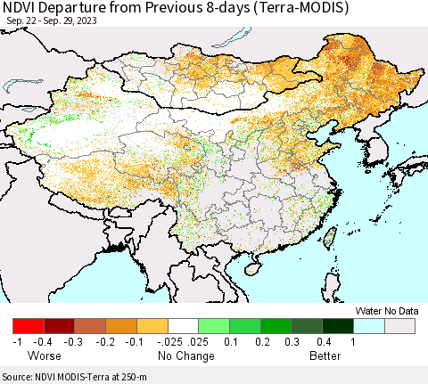 China, Mongolia and Taiwan NDVI Departure from Previous 8-days (Terra-MODIS) Thematic Map For 9/22/2023 - 9/29/2023