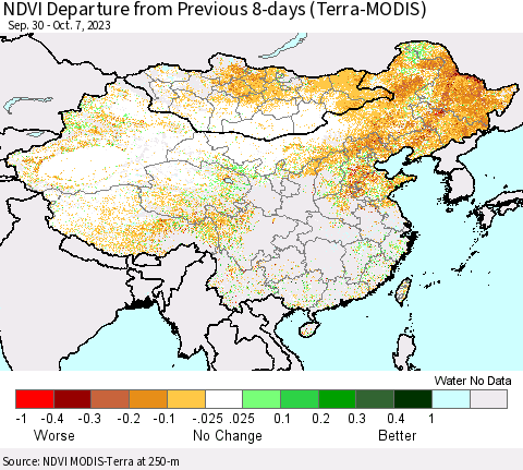 China, Mongolia and Taiwan NDVI Departure from Previous 8-days (Terra-MODIS) Thematic Map For 9/30/2023 - 10/7/2023
