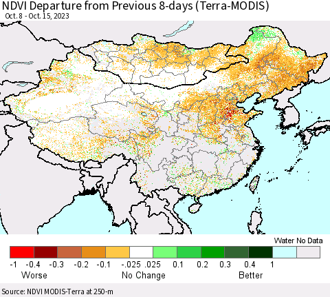 China, Mongolia and Taiwan NDVI Departure from Previous 8-days (Terra-MODIS) Thematic Map For 10/8/2023 - 10/15/2023