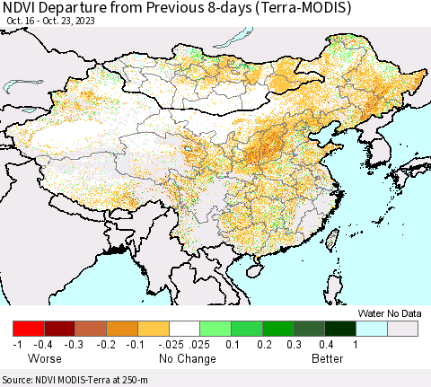 China, Mongolia and Taiwan NDVI Departure from Previous 8-days (Terra-MODIS) Thematic Map For 10/16/2023 - 10/23/2023