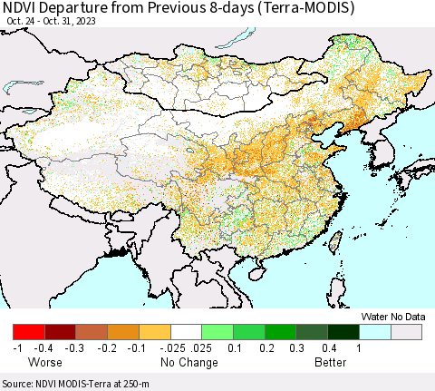 China, Mongolia and Taiwan NDVI Departure from Previous 8-days (Terra-MODIS) Thematic Map For 10/24/2023 - 10/31/2023