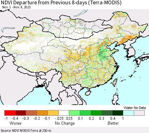 China, Mongolia and Taiwan NDVI Departure from Previous 8-days (Terra-MODIS) Thematic Map For 11/1/2023 - 11/8/2023