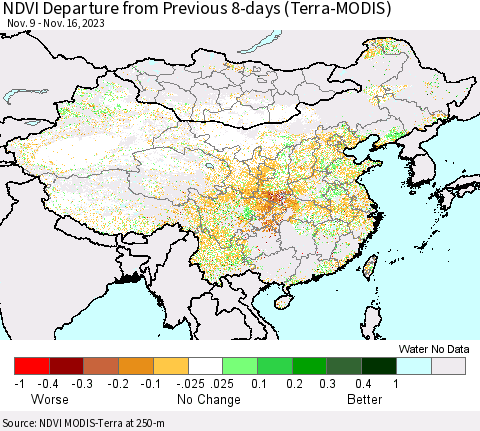 China, Mongolia and Taiwan NDVI Departure from Previous 8-days (Terra-MODIS) Thematic Map For 11/9/2023 - 11/16/2023