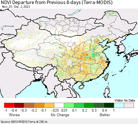 China, Mongolia and Taiwan NDVI Departure from Previous 8-days (Terra-MODIS) Thematic Map For 11/25/2023 - 12/2/2023