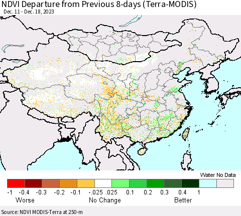 China, Mongolia and Taiwan NDVI Departure from Previous 8-days (Terra-MODIS) Thematic Map For 12/11/2023 - 12/18/2023