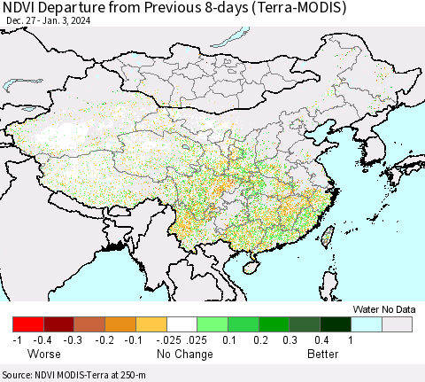 China, Mongolia and Taiwan NDVI Departure from Previous 8-days (Terra-MODIS) Thematic Map For 12/27/2023 - 1/3/2024