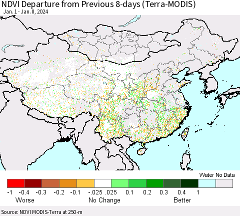 China, Mongolia and Taiwan NDVI Departure from Previous 8-days (Terra-MODIS) Thematic Map For 1/1/2024 - 1/8/2024