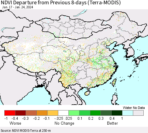China, Mongolia and Taiwan NDVI Departure from Previous 8-days (Terra-MODIS) Thematic Map For 1/17/2024 - 1/24/2024