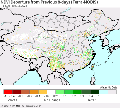 China, Mongolia and Taiwan NDVI Departure from Previous 8-days (Terra-MODIS) Thematic Map For 2/10/2024 - 2/17/2024