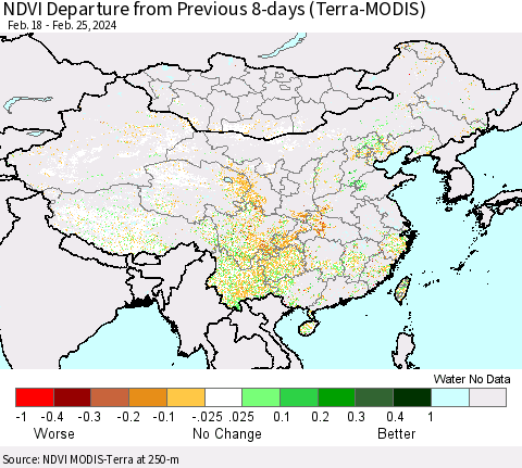 China, Mongolia and Taiwan NDVI Departure from Previous 8-days (Terra-MODIS) Thematic Map For 2/18/2024 - 2/25/2024