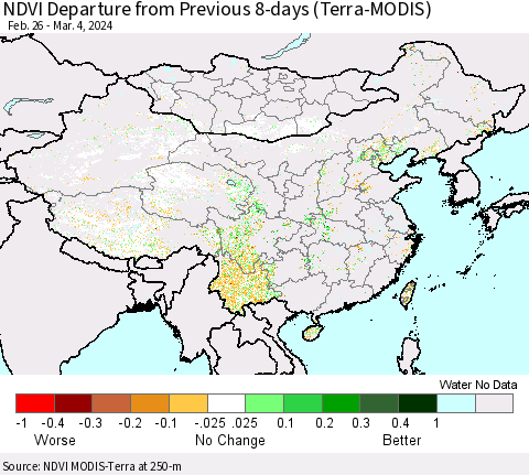 China, Mongolia and Taiwan NDVI Departure from Previous 8-days (Terra-MODIS) Thematic Map For 2/26/2024 - 3/4/2024