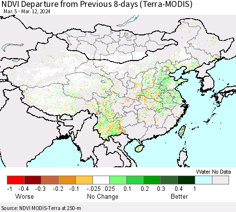 China, Mongolia and Taiwan NDVI Departure from Previous 8-days (Terra-MODIS) Thematic Map For 3/5/2024 - 3/12/2024