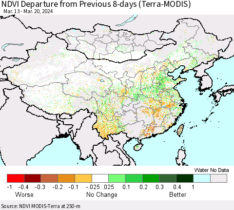 China, Mongolia and Taiwan NDVI Departure from Previous 8-days (Terra-MODIS) Thematic Map For 3/13/2024 - 3/20/2024