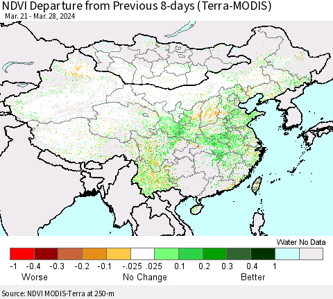 China, Mongolia and Taiwan NDVI Departure from Previous 8-days (Terra-MODIS) Thematic Map For 3/21/2024 - 3/28/2024