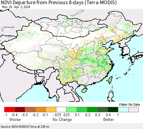 China, Mongolia and Taiwan NDVI Departure from Previous 8-days (Terra-MODIS) Thematic Map For 3/29/2024 - 4/5/2024