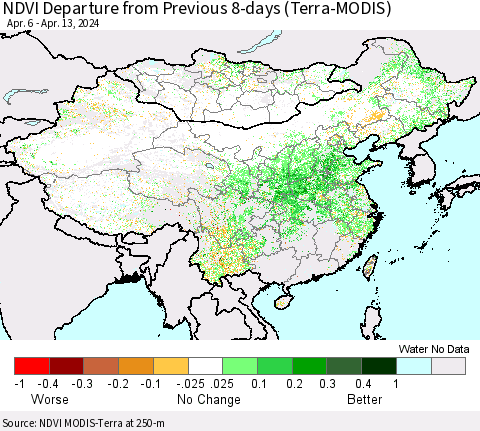 China, Mongolia and Taiwan NDVI Departure from Previous 8-days (Terra-MODIS) Thematic Map For 4/6/2024 - 4/13/2024