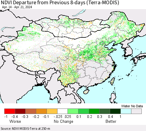 China, Mongolia and Taiwan NDVI Departure from Previous 8-days (Terra-MODIS) Thematic Map For 4/14/2024 - 4/21/2024