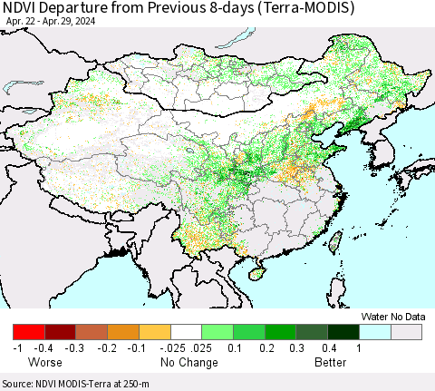 China, Mongolia and Taiwan NDVI Departure from Previous 8-days (Terra-MODIS) Thematic Map For 4/22/2024 - 4/29/2024