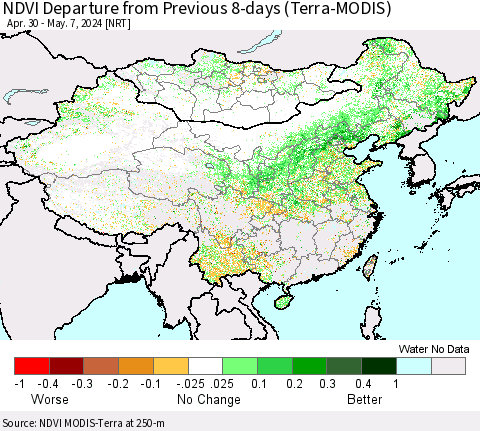 China, Mongolia and Taiwan NDVI Departure from Previous 8-days (Terra-MODIS) Thematic Map For 4/30/2024 - 5/7/2024